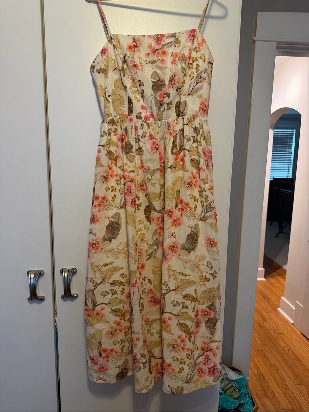 H&M Strapless Floral Midi Dress - Cream with Pink & Green Print